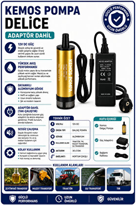 Kemos Deli̇ce 220-12 Volt Dalgıç Adaptörlü Mazot Aktarma(Sıvı Transfer) Pompası