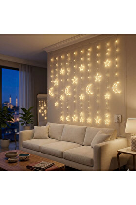 Evi̇mdeyokyok 3 Metre Perde Led Işık Zi̇nci̇ri̇ - Yıldız Ve Ay Fi̇gürlü Sarı Işık Uç Uca Eklenebi̇li̇r
