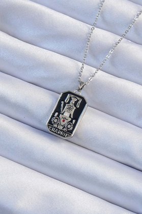 Ethab Giyim 316L Çelik Zincir Gümüş Renk Siyah Mineli Tarot Kolye 5886 - Glst1350-6874