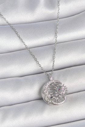 Youday Accessorıes 316L Çelik Gümüş Renk Zincir Ay Güneş Model Zirkon Taş Detay Kadın Kolye