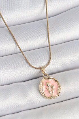 Ethab Giyim 316L Çelik Gold Renk Zincir Pembe Mineli Çiçek İşlemeli Portre Model Kadın Kol - Glst6429-410