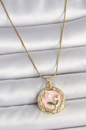 Ethab Giyim 316L Çelik Gold Renk Zincir Pembe Çiçek İşlemeli İnci Detay Portre Model Kadın - Glst6184-951