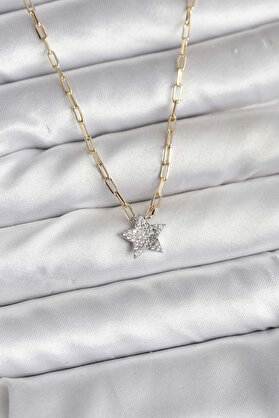 Ethab Giyim Pirinç Gold Renk Zincirli Zirkon Taşlı Minimal Yıldız Model Kadın Kolye 5886 - Glst8035-2909