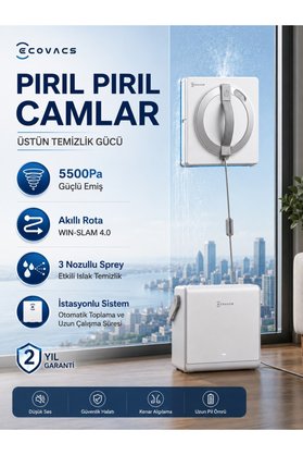 Ecovacs Taşınabilir Çok İşlevli İstasyonlu Cam Silme Robotu 5.500 Pa Tutunma Akıllı Rota Planlama