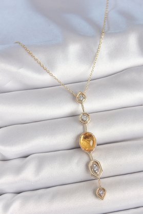 Ethab Giyim Pirinç Zincir Kehribar Sarı Gold Renk Zirkon Taşlı Y Kolye 5886 - Glst1239-1249