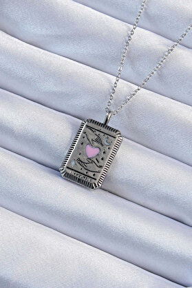 Ethab Giyim 316L Çelik Zincir Eskitme Gümüş Renk Pembe Mineli Kalp Figürlü Tarot Kolye 588 - Glst9658-761