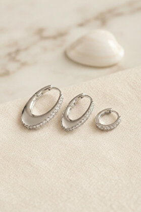 Evi̇mdeyokyok Gümüş Renk Oval Halka Model Zi̇rkon Taşlı 3 Lü Küpe Set Tj-Bkp11975