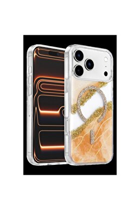 Ethab Ticaret Glb-Stl41414 Onegif İphone 17 Pro Lotus Simli Magsafe Kapak - Turuncu
