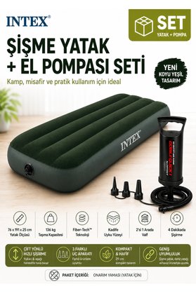 Intex 64106 Yeni Koyu Yeşil Tek Kişilik Şişme Yatak + Double Quick El Pompası Seti