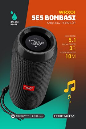 POWERWAY WRX01 90 dB SD Kart Aux Usb Girişli Siyah Kablosuz Bluetooth Speaker Hoparlör Ses Bombası FM Radyo