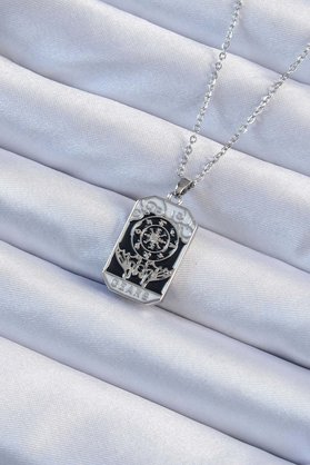 Ethab Giyim 316L Çelik Zincir Gümüş Renk İşlemeli Siyah Mineli Tarot Kolye 5886 - Glst4096-7009
