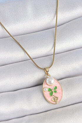 Ethab Giyim 316L Çelik Gold Renk Zincir Pembe Mineli Oval İncili Çiçek İşlemeli Portre Mod - Glst8228-197