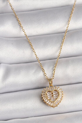 Ethab Giyim 316L Çelik Gold Renk Zincir Zirkon Taşlı Kalp Model Kadın Kolye 5886 - Glst4310-7608