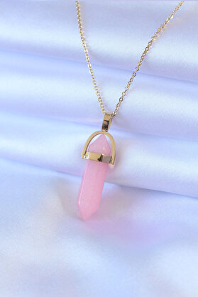 Ethab Giyim 316L Çelik Gold Renk Kristal Pembe Taş Model Kadın Kolye 5886 - Glst8658-6059