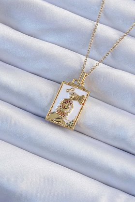 Ethab Giyim 316L Çelik Zincir Altın Renk Beyaz Mineli Tarot Kolye 5886 - Glst2141-5248