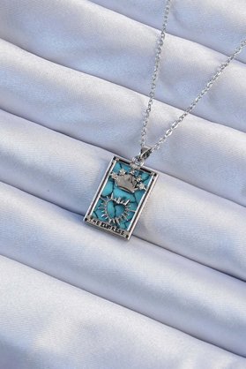 Ethab Giyim 316L Çelik Zincir Gümüş Renk Zirkon Taşlı Mavi Mermer Desenli Taç Model Tarot - Glst7726-439