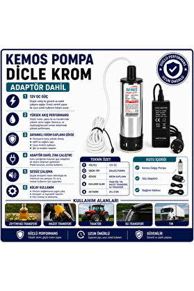 Kemos Di̇cle Krom 220-12 Volt Dalgıç Adaptörlü Mazot Aktarma(Sıvı Transfer) Pompası