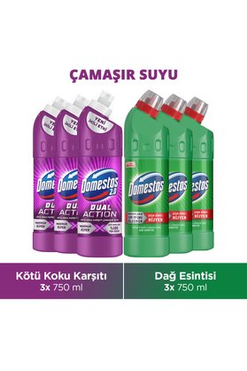 Domestos Dual Action Kötü Koku Karşıtı 750 ml x3 Çamaşır Suyu Dağ Esintisi 750 ml x3