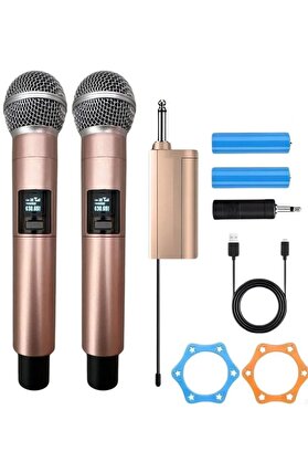 Ethab Ticaret Glb-Stl41414 Profesyonel Çiftli Kablosuz Mikrofon Seti Karaoke Şarj Edilebilir 50 Metre Mesafe Rose
