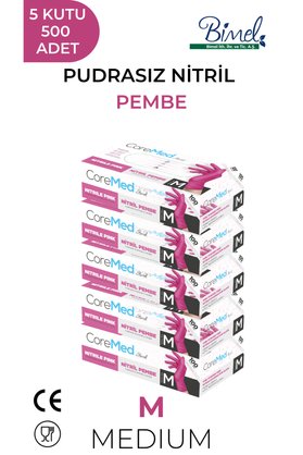 COREMED Nitril Pembe Pudrasız Muayene Eldiveni M - 5 Paket 100 lü