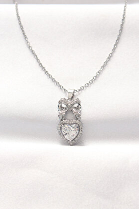 Ethab Giyim 316L Çelik Silver Renk Zirkon Taşlı Kalpli Fiyonk Kolye 5886 - Glst4743-7488