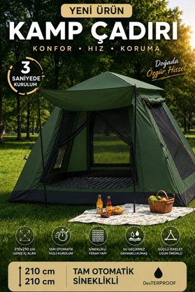 MO DOU Tam Otomatik Kamp Çadırı 210x210 cm 3 Saniyede Kurulum Su Geçirmez Sineklikli Çadırı Outdoor Kamp