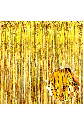 Evimdeyokyok Altın Gold Renk Ekstra Metalize Parlak Saçaklı Arka Fon Perde İthal 1X2 Metre