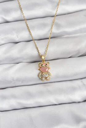 Ethab Giyim 316L Çelik Zincir Gold Renk Teddy Bear Model Zirkon Taşlı Kadın Kolye 5886 - Glst8094-2802