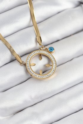 Ethab Giyim 316L Çelik Zirkon Taşlı Çey-Rek Takılabilir Gold Renk Kadın Kolye 5886 - Glst3024-3997