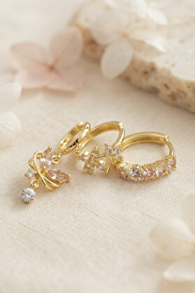 Evi̇mdeyokyok 3 Lü Set Gold Renk Zi̇rkon Taşlı Model Küpe Tj-Bkp11978
