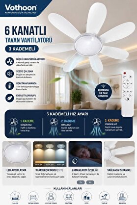 Ethab Ticaret Glb-Stl41414 6 Kanatlı 3 Kademeli Led Aydınlatmalı Uzaktan Kumandalı Tavan Vantilatörü