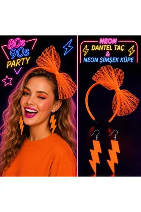 Evi̇mdeyokyok Neon Turuncu Dantel Taç Ve Şi̇mşek Küpe 8039Ler 9039Lar Parti̇ Seti̇