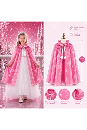 Evimdeyokyok Kar Tanesi Desenli Pembe Elsa Pelerini - Astarlı Frozen Pelerini 85 Cm
