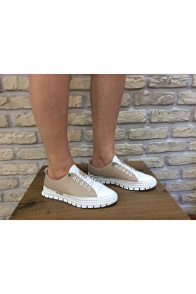 Ortopedikal 2010 Womenly Style Bej-Beyaz Kadın Günlük Ayakkabı % 100 Hakiki Deri Lastikli Yumuşak