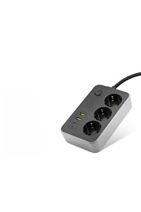 Evi̇mdeyokyok Topraklı Termal Akım Korumalı Uzatma Kablosu Anahtarlı 3 Pri̇z 2 Usb 1 Type-C 2 M Si̇yah Sh4626