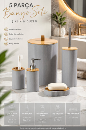 MAKRİ HOME 5 Parça Yuvarlak Banyo Seti Bambu Kapaklı Gri Hacim: 7 litre Orjinal Bambu