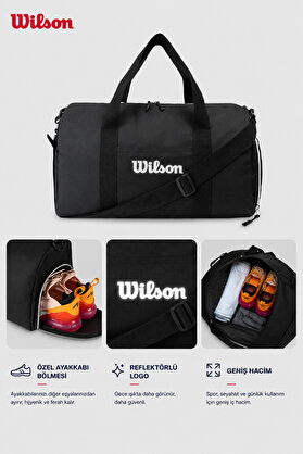 Wilson Lisanslı Ayakkabılık Bölmeli Su Geçirmez Unisex Siyah 25 Litre Kadın Erkek Genç ve Yetişkinler için Fitness Gym Spor ve Seyahat Çantası El Valizi