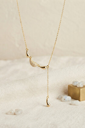 Evimdeyokyok Pirinç Gold Renk Zirkon Taşlı Damla Model Kadın Kolye Tj-Bko11239