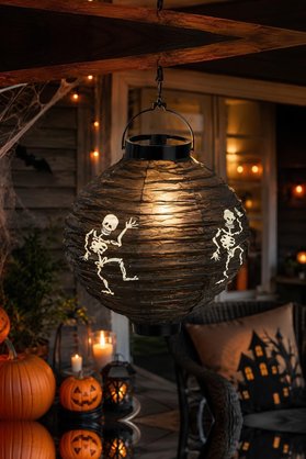 Patladı Gitti Halloween 20 cm Led Işıklı İskelet Desenli Siyah Renk Kağıt Japon Feneri