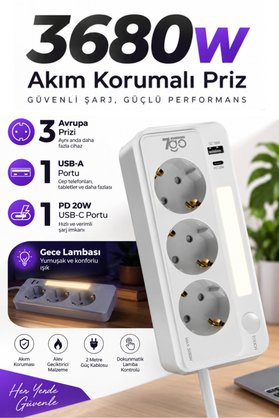 7GO 7GSP1 3680W 3'lü Priz Beyaz | Akım Korumalı | 20W PD Hızlı Şarj USB | 1.9m Kablolu Akıllı LED Ge
