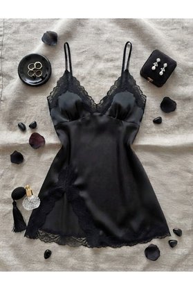 laseni underwear Kadın Siyah Şık Dantelli Yırtmaçlı Saten Gecelik Laseni Undwear