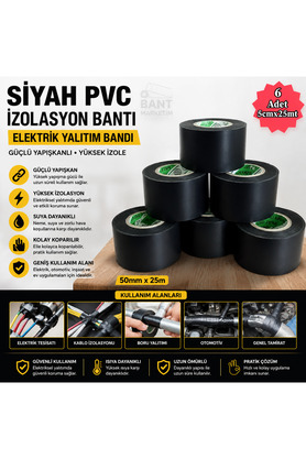 Evi̇mdeyokyok Si̇yah Pvc İzolasyon Bandı 50Mm X 25M 6 Lı Paket Elektri̇k Yalıtım Bandı Güçlü Yapışkanlı İzole Bant