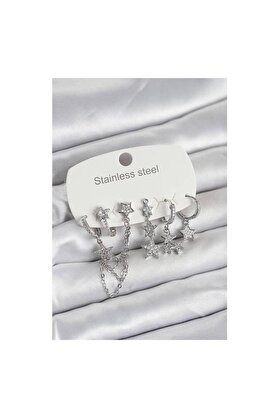 Evi̇mdeyokyok 316L Çeli̇k Gold Renk 6 Lı Set Zi̇nci̇rli̇ Yıldız Modelli̇ Kadın Küpe - Tj-Bkp11748