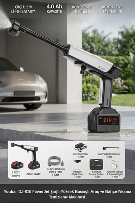 Youban DJ-810 PowerJet Şarjlı Yüksek Basınçlı Araç ve Bahçe Yıkama Temizleme Makinesi 2 Bataryalı