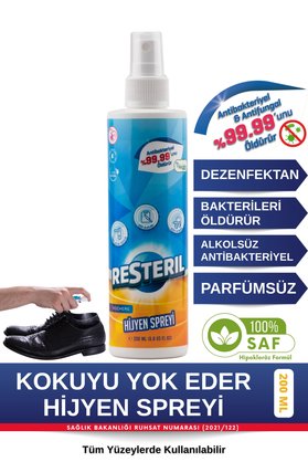 Resteril Ayakkabı Koku Giderici Parfümsüz Ayak Kokusu Giderici Dezenfektan Sprey 200ml Ayak Koku Önleyici Ayakkabı Deodorantı Hijyen Spreyi