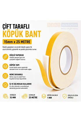 Evi̇mdeyokyok Çi̇ft Taraflı Köpük Bant 15Mm X 25 Metre Yapışkanlı Sünger Bant Montaj Sabi̇tleme İzolasyon Bandı