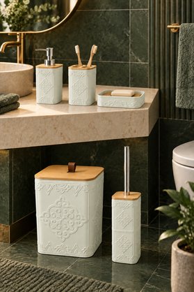 MAKRİ HOME Doğal Bambu Detaylı 5 Parça Banyo Seti Adaçayı Yeşili 8 litre 21 x 19 x 25 cm