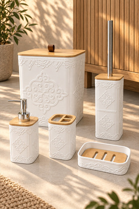 MAKRİ HOME Doğal Bambu Detaylı 5 Parça Banyo Seti Beyaz 8 litre 21 x 19 x 25 cm