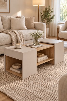 ARNETTİ Sartos 3'lü Zigon Sehpa Takımı Atlantik Çam & Bej Modern Orta Sehpa Salon ve Yan Sehpa Seti
