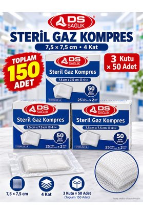 DS Sağlık Gaz Kompres - Steril - 7 5cmx7 5cm 150 Adet Spanç 25"li Paket